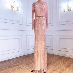 HEAVILY BEADED LONG SLEEVE PINK GOWN